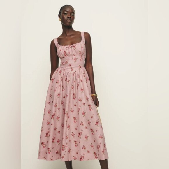 NWT Reformation Balia Linen Midi Dress in Tea Time Pink Floral | size 4 - Picture 3 of 15